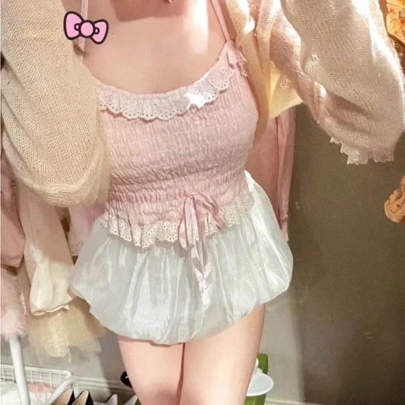 Pastel Pink Japanese Kawaii Style Cottage Lace Ruffle Ribbon Halter Crop Top